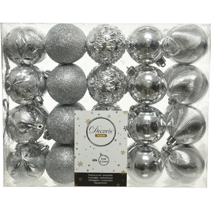 40x Zilveren kerstballen 6 cm glanzende-glitter kunststof-plastic kerstversiering