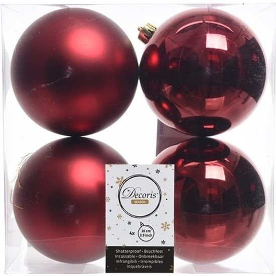 4x Donkerrode kerstballen 10 cm glanzende-matte kunststof-plastic kerstversiering