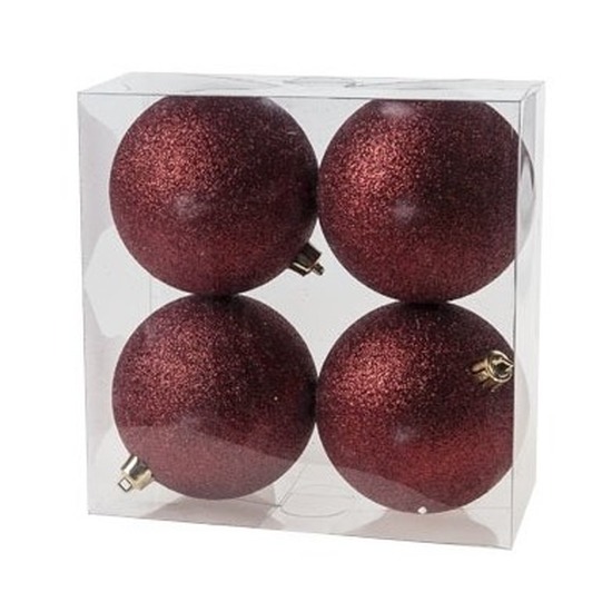 4x Donkerrode kerstballen 10 cm glitter kunststof-plastic kerstversiering
