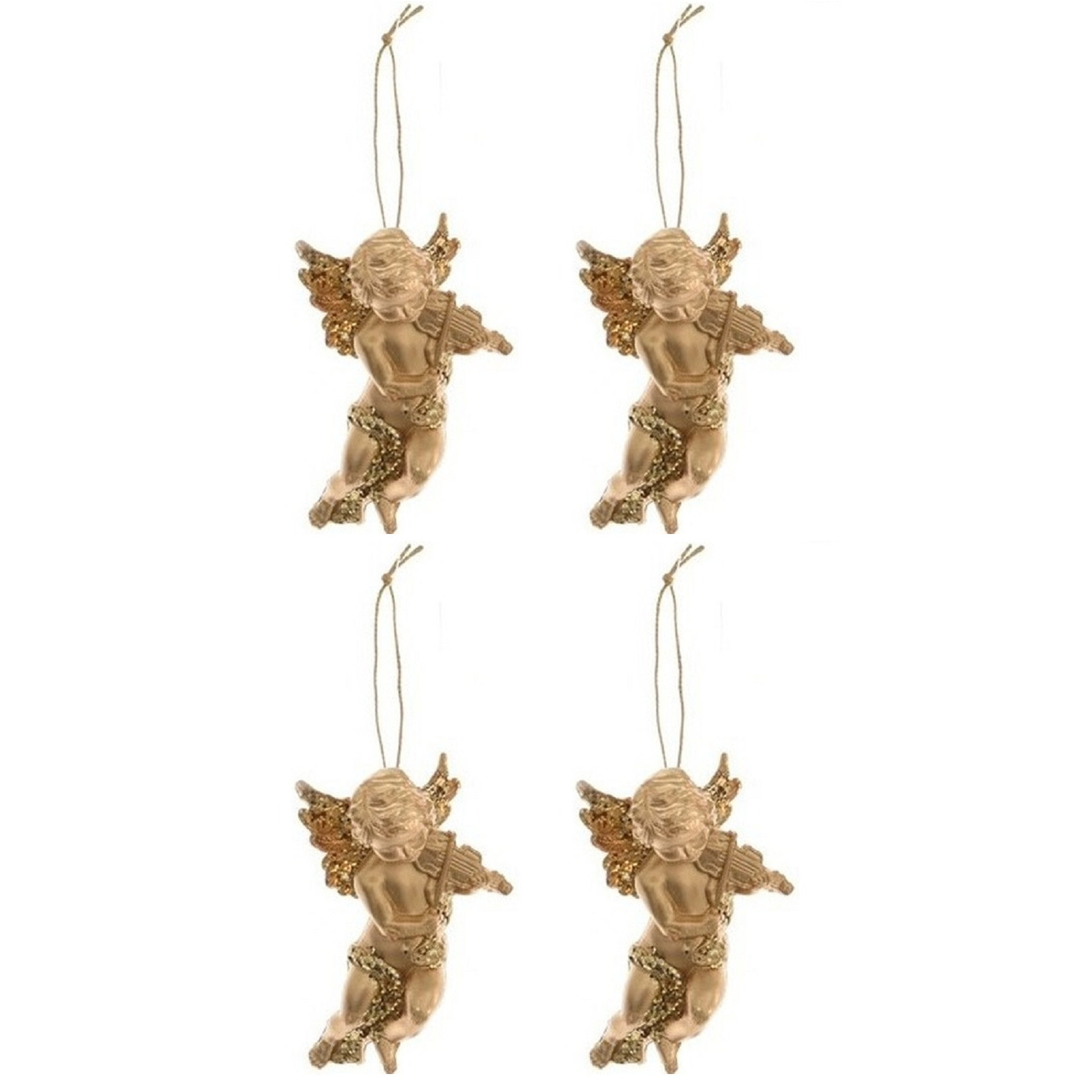 4x Kerstboomhanger-Kersthanger gouden engelen met viool 10 cm