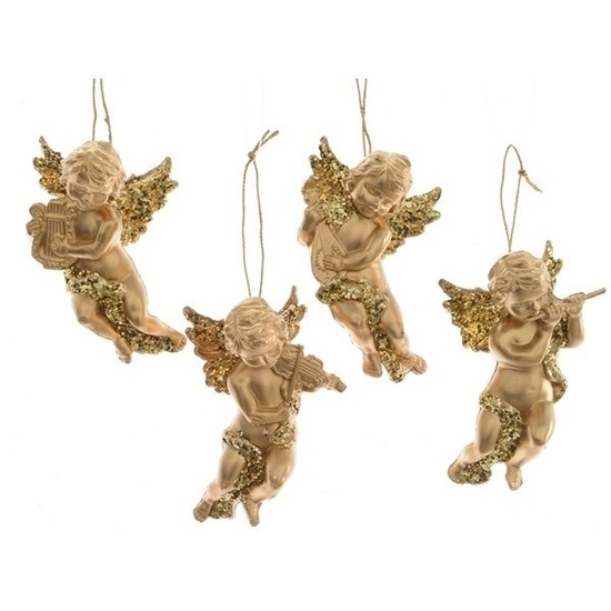 4x Kerstboomhangers-Kersthangers gouden engelen met muziek instrumenten10 cm