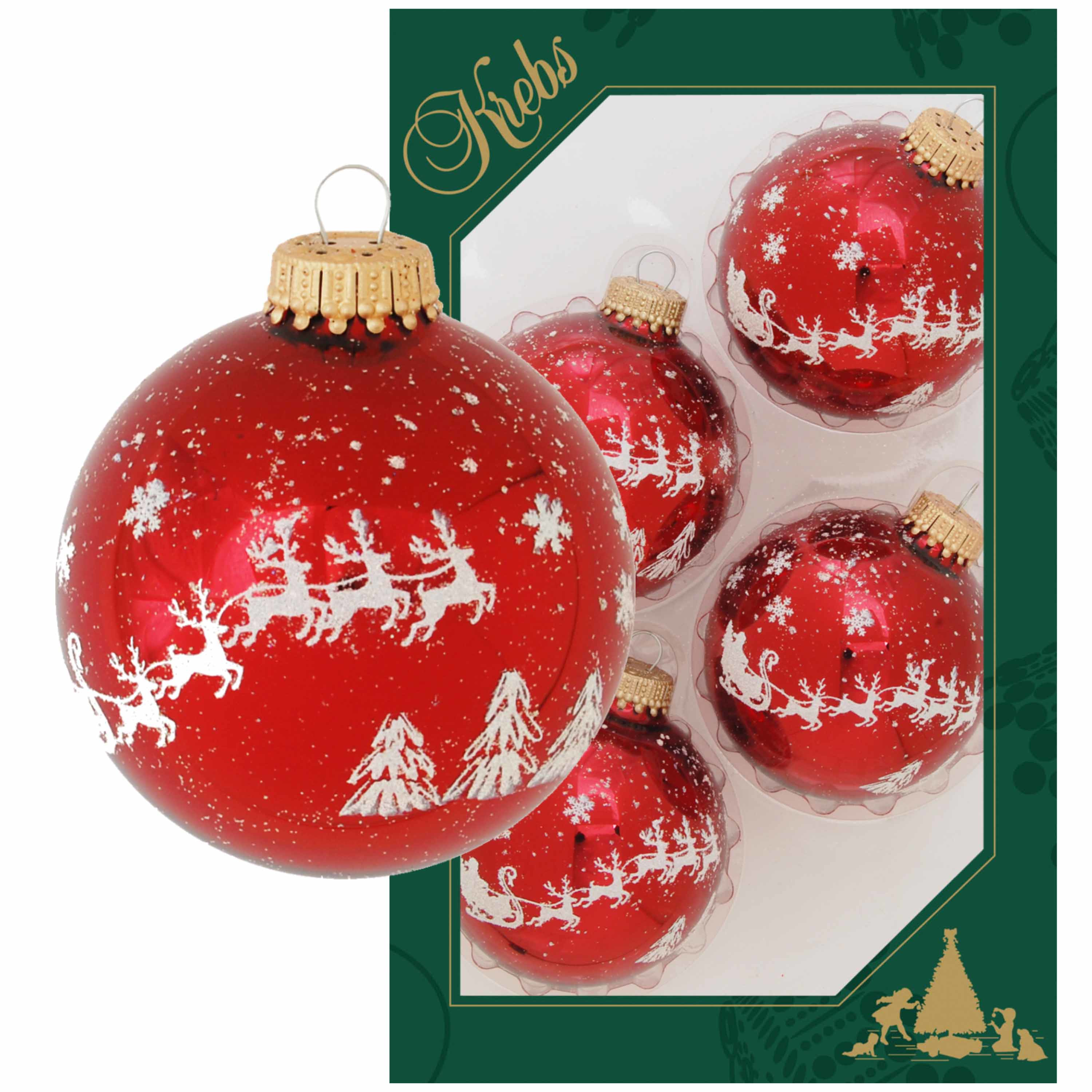 4x Luxe rode glazen kerstballen met rendier opdruk 7 cm kerstversiering