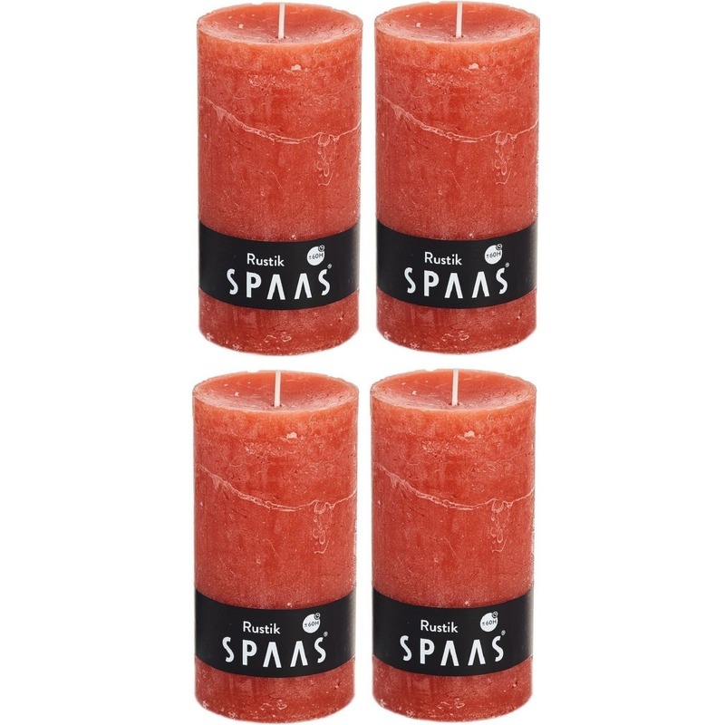 4x Oranje woondecoratie kaarsen rustiek 7 x 13 cm 60 branduren
