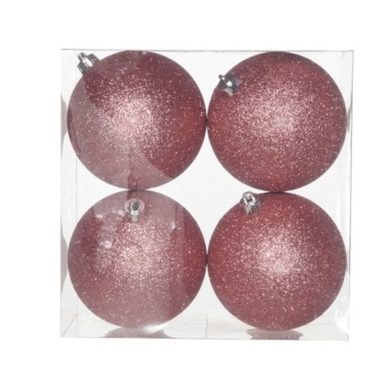 4x Roze kerstballen 10 cm glitter kunststof-plastic kerstversiering
