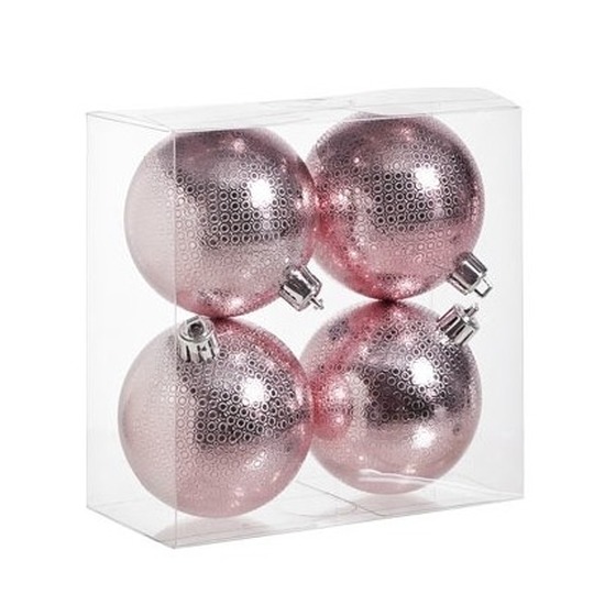 4x Roze kerstballen 8 cm cirkel motief kunststof-plastic kerstversiering