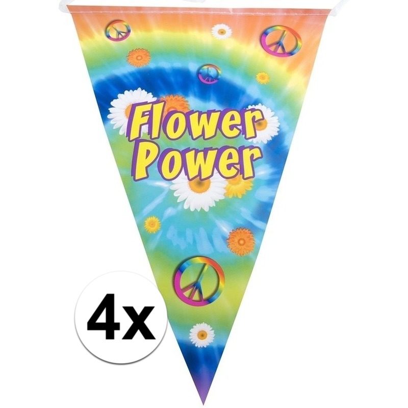4x Vlaggenlijnen flower power hippie feest decoratie 5 meter