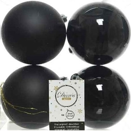 4x Zwarte kerstballen 10 cm glanzende-matte kunststof-plastic kerstversiering