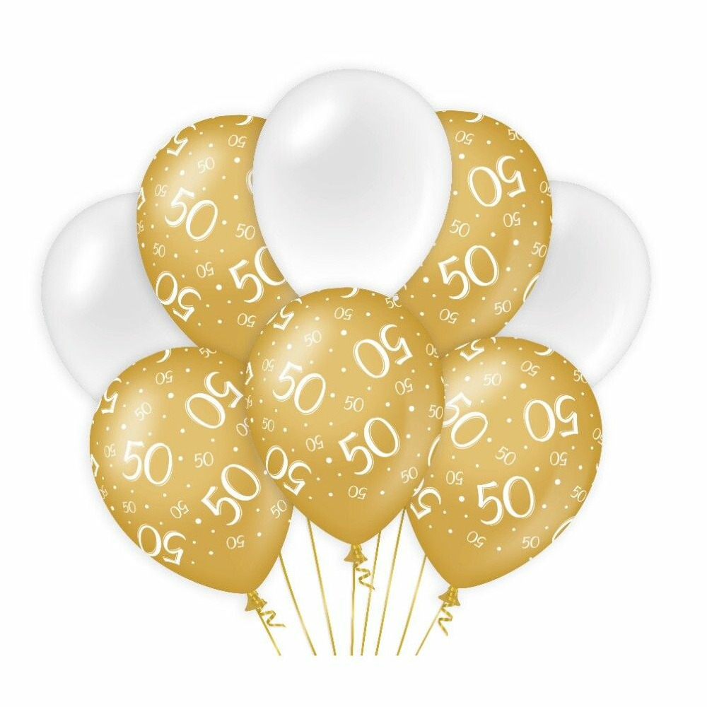50 jaar leeftijd thema Ballonnen 8x goud-wit Verjaardag Versiering-feestartikelen