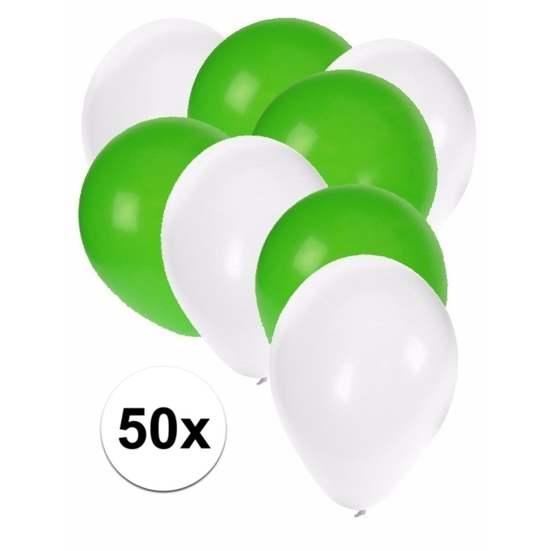 50x ballonnen 27 cm wit-groene versiering
