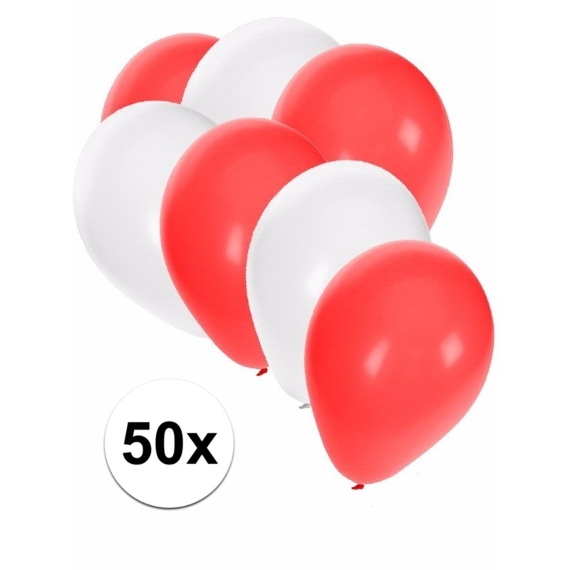 50x Ballonnen 27 cm wit-rode versiering