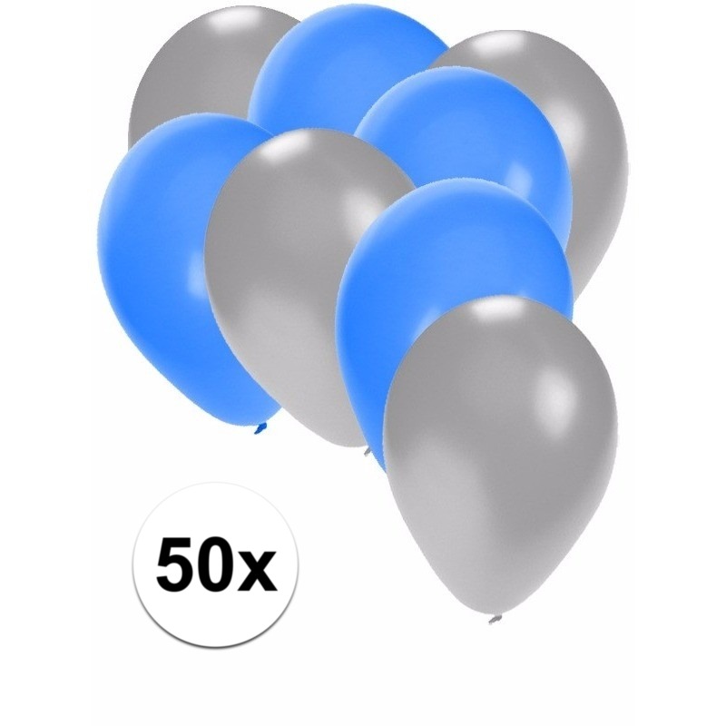 50x ballonnen - 27 cm - zilver / blauwe versiering
