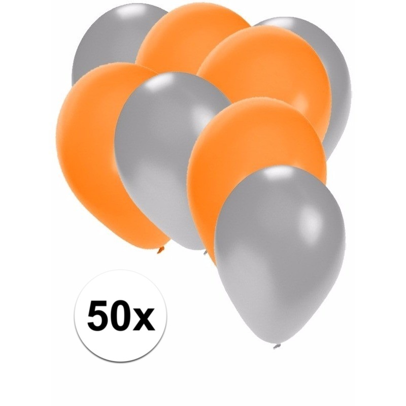 50x ballonnen 27 cm- zilver-oranje versiering