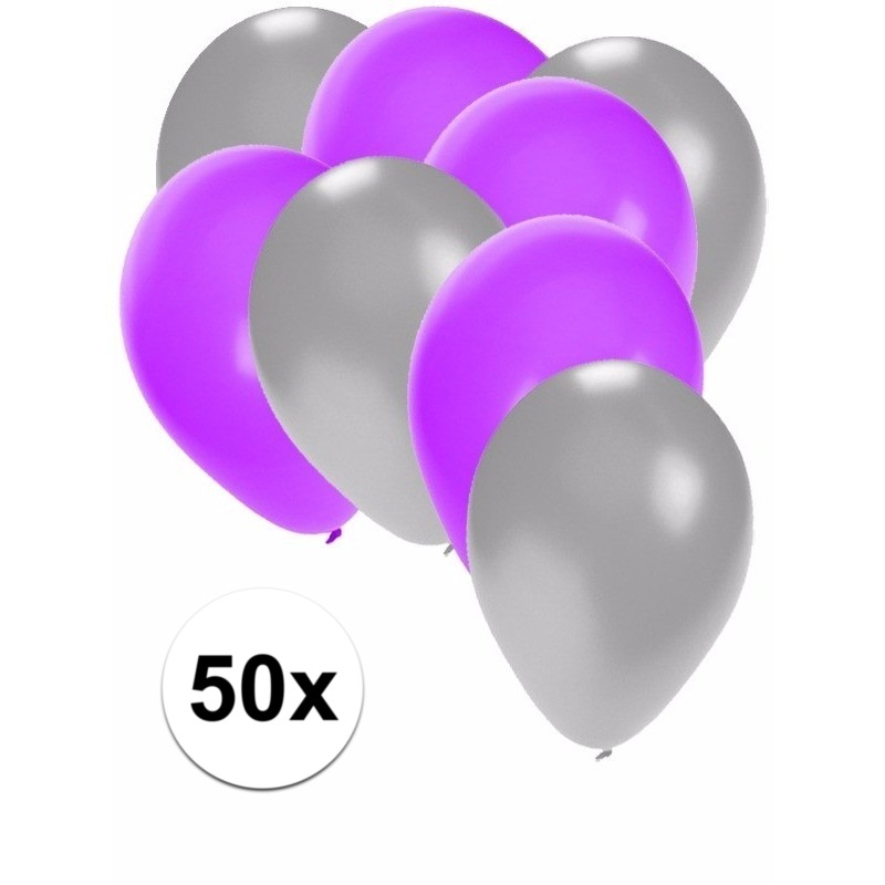 50x ballonnen 27 cm zilver-paarse versiering