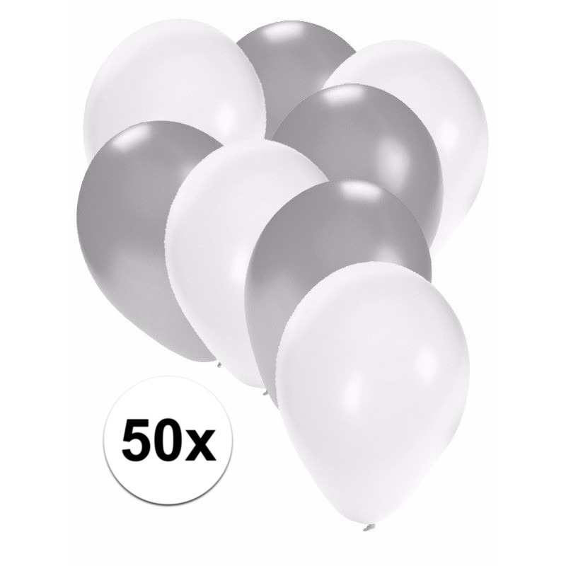 50x ballonnen 27 cm zilver-witte versiering