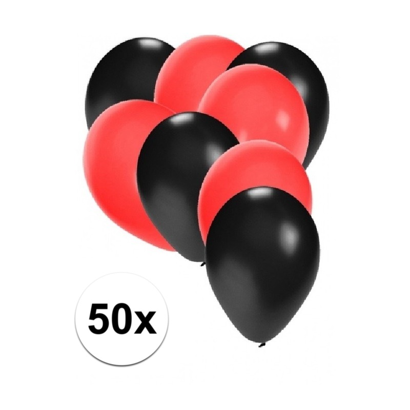 50x ballonnen 27 cm zwart-rode versiering