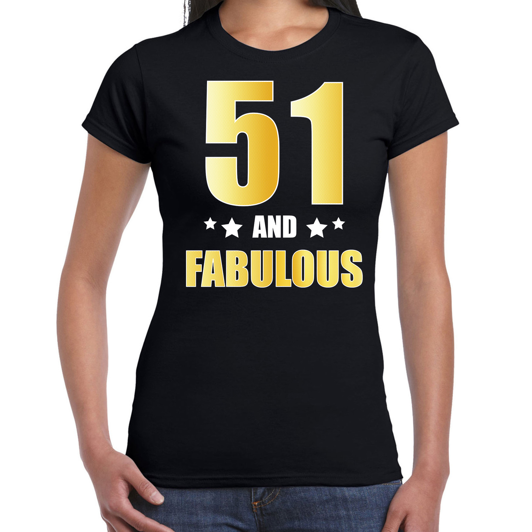 51 and fabulous verjaardag cadeau t-shirt-shirt goud 51 jaar zwart voor dames