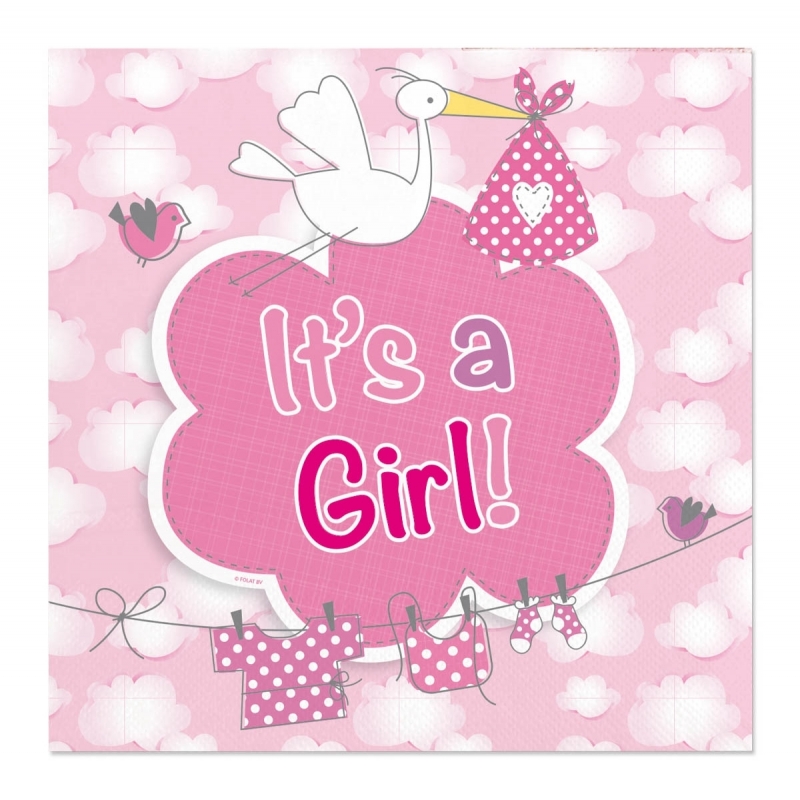 60x Papieren servetjes geboorte meisje roze feestartikelen 25 x 25 cm