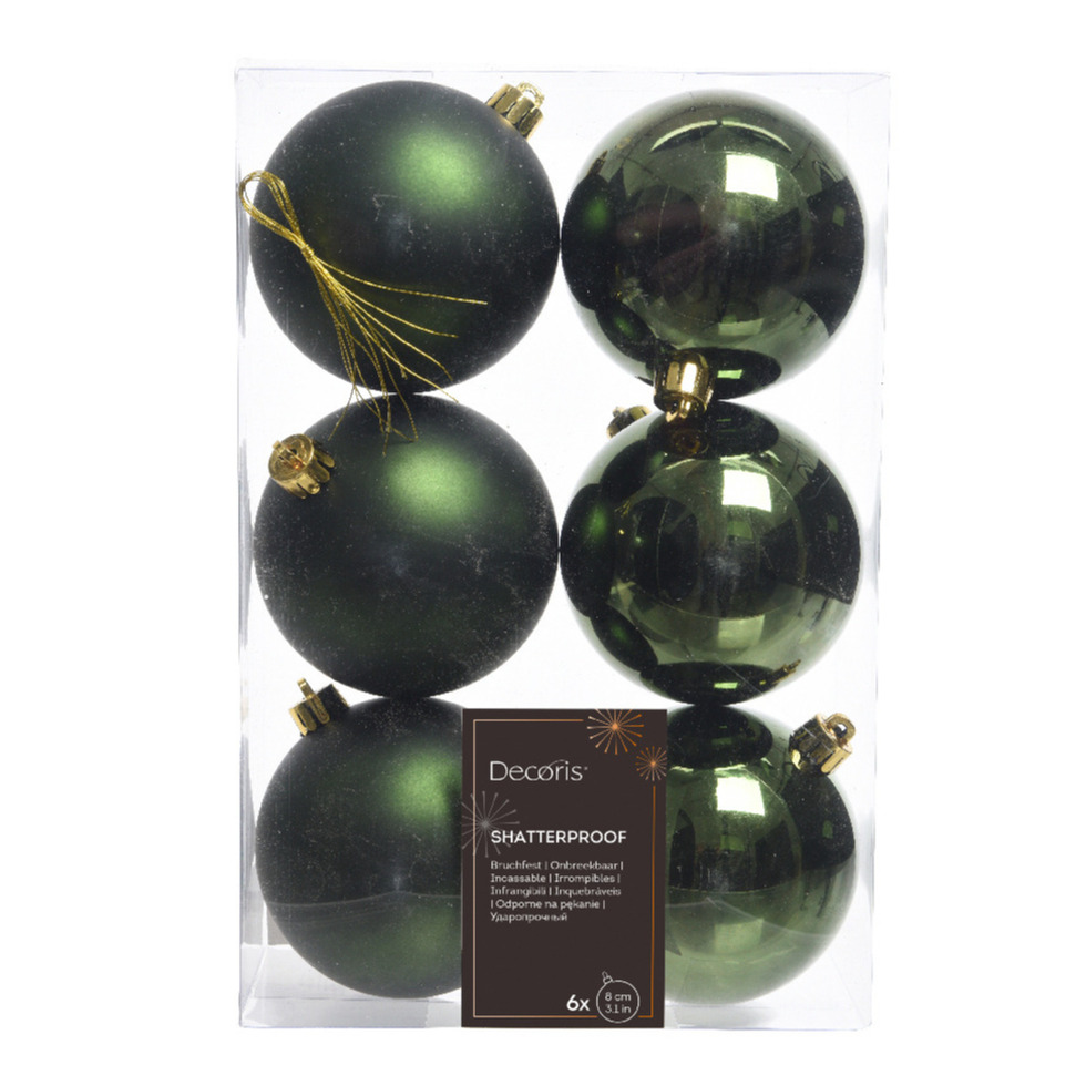 6x Donkergroene kerstballen 8 cm glanzende-matte kunststof-plastic kerstversiering
