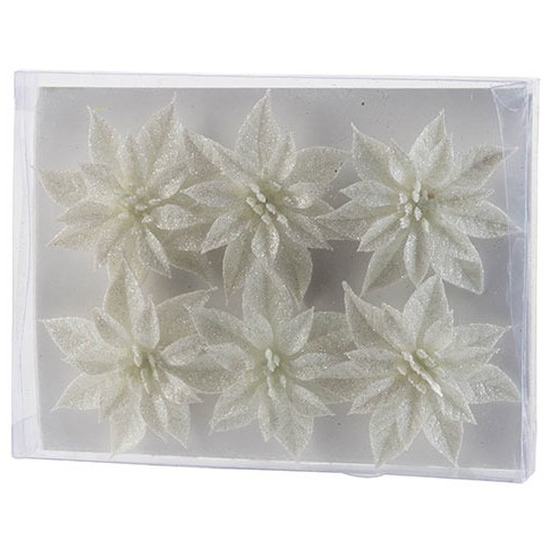 6x Kerstbloemen versiering wit glitter roos op ijzerdraad