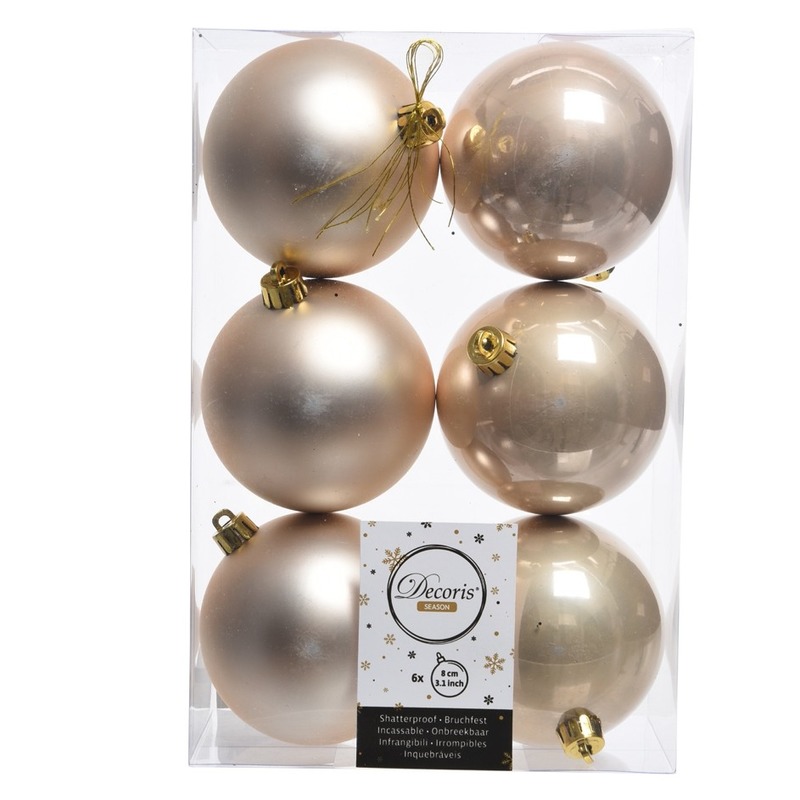 6x Licht parel-champagne kerstballen 8 cm glanzende-matte kunststof-plastic kerstversiering
