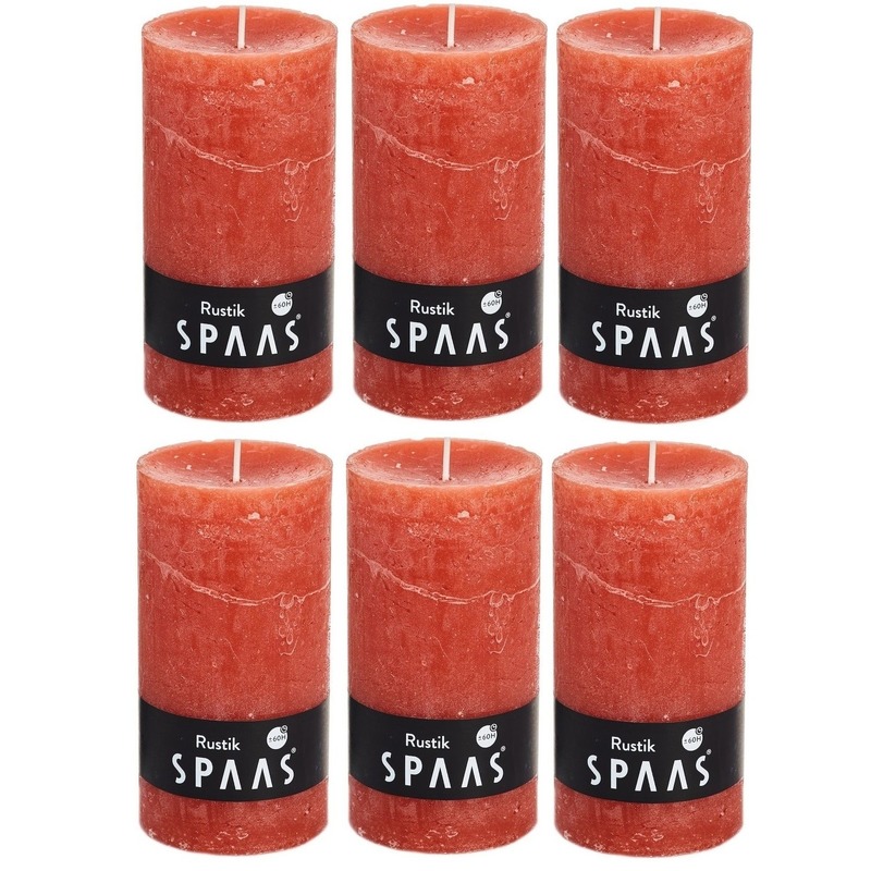 6x Oranje woondecoratie kaarsen rustiek 7 x 13 cm 60 branduren