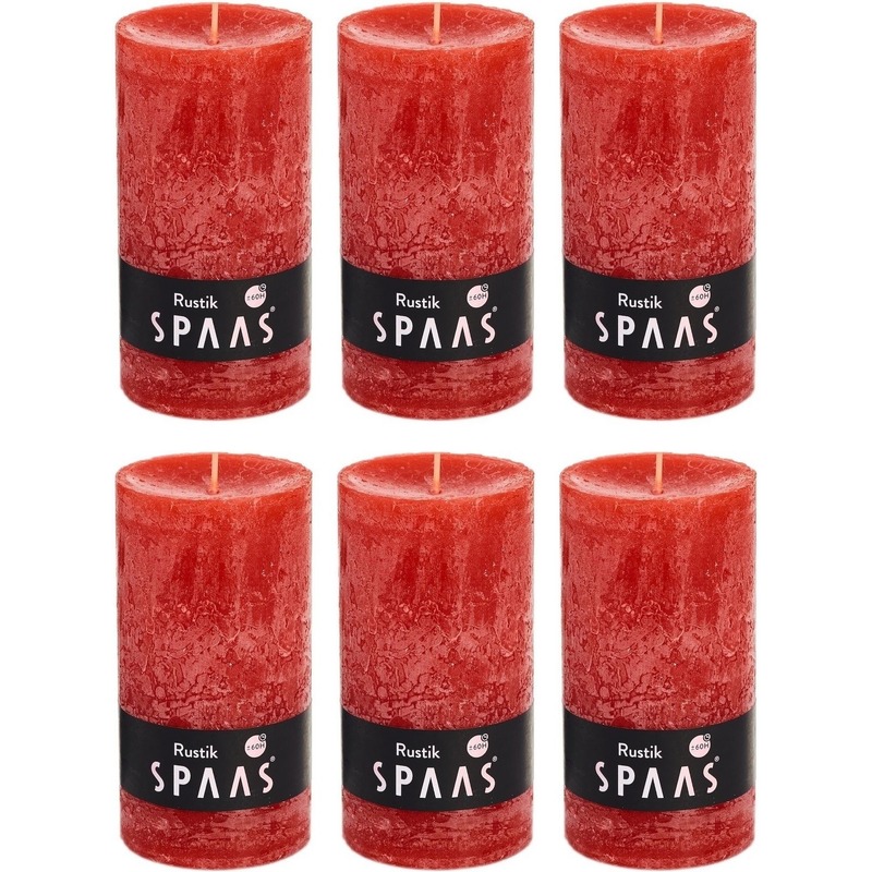 6x Rode woondecoratie kaarsen rustiek 7 x 13 cm 60 branduren