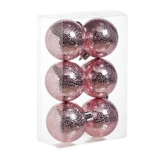 6x Roze kerstballen 6 cm cirkel motief kunststof-plastic kerstversiering