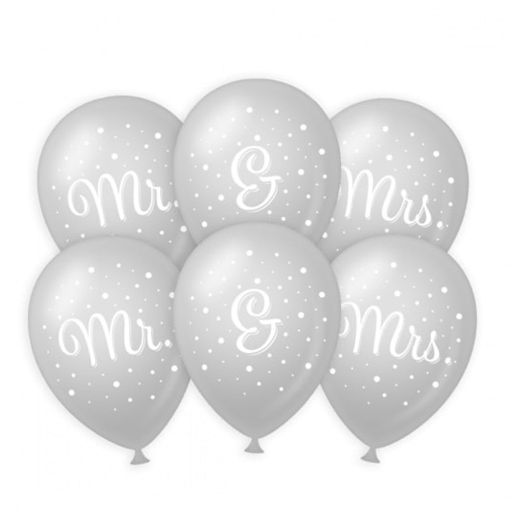 6x stuks Mr. & Mrs huwelijks feest ballonnen zilver-wit latex ca 30 cm