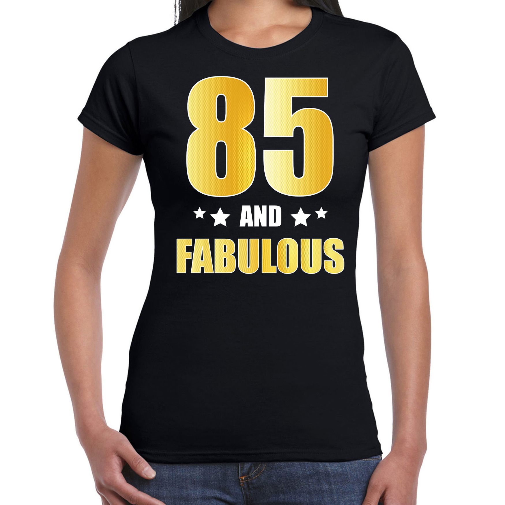 85 and fabulous verjaardag cadeau t-shirt-shirt goud 85 jaar zwart voor dames