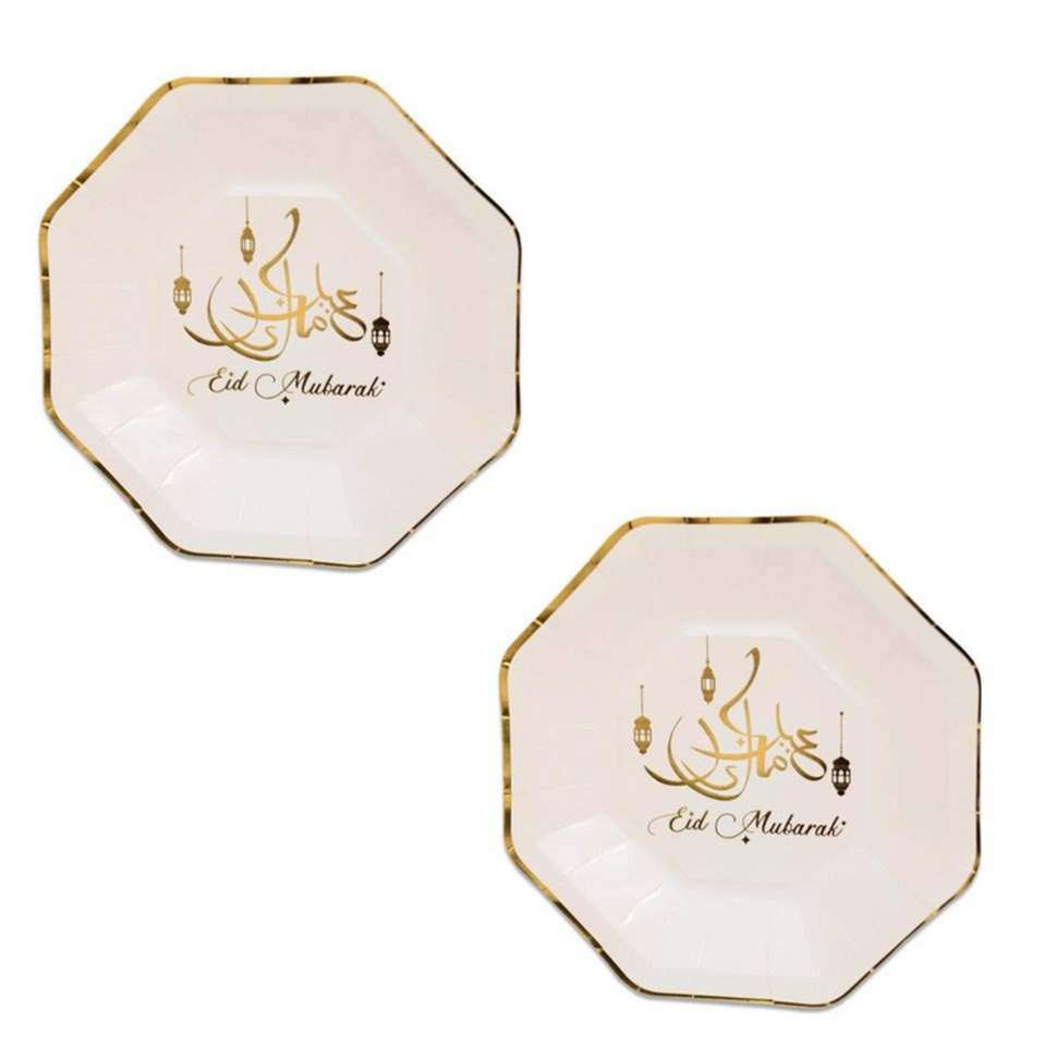8x stuks Ramadan Mubarak thema bordjes wit-goud 23 cm