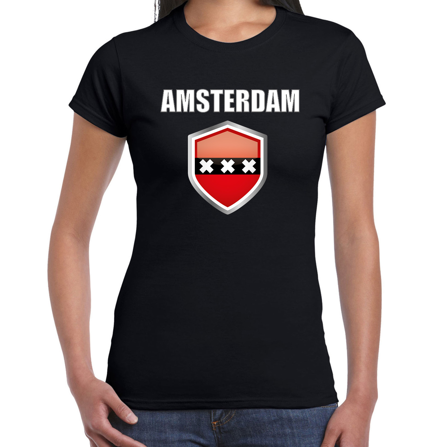 Amsterdam supporter t-shirt met Amsterdamse vlag schild zwart dames
