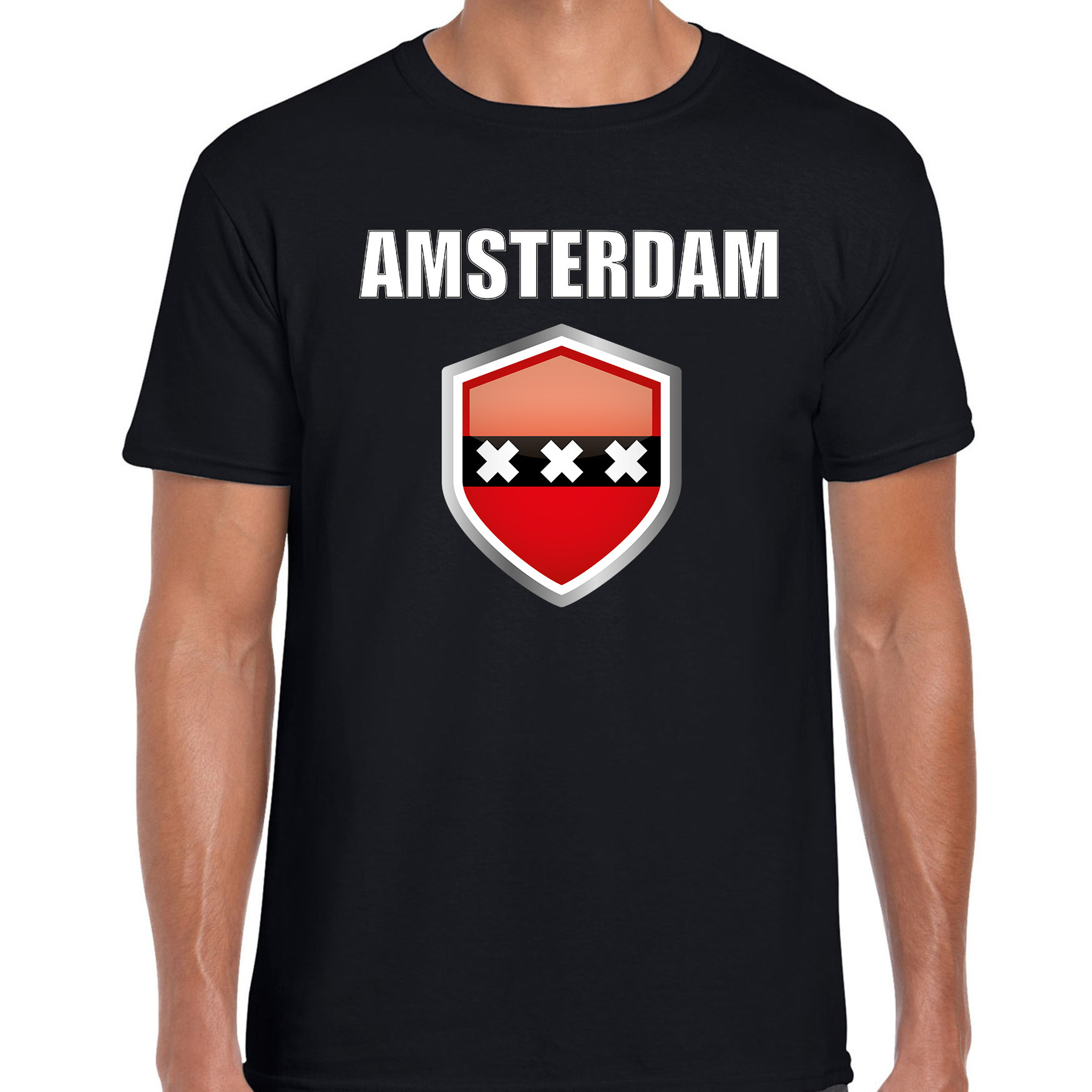 Amsterdam supporter t-shirt met Amsterdamse vlag schild zwart heren