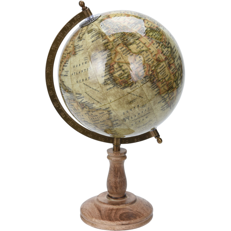 Antieke wereldbol-globe decoratie beige 23 x 38 cm op mango houten standaard