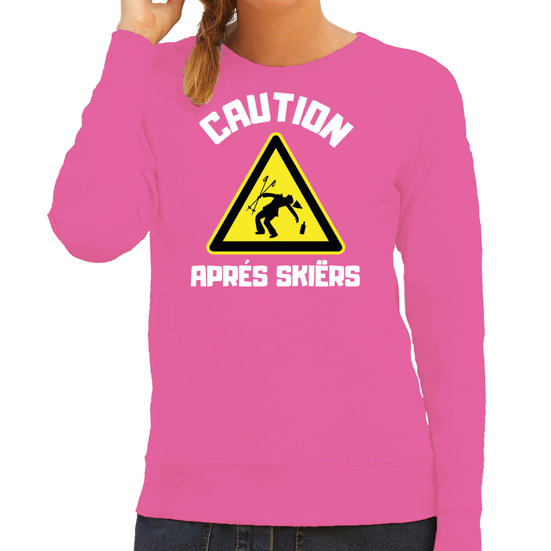Apres ski sweater-trui voor dames apres ski waarschuwing roze wintersport