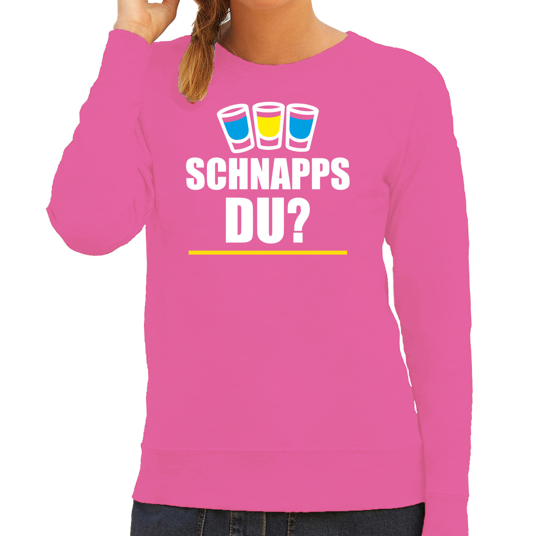 Apres ski sweater-trui voor dames schnapps du roze wintersport skien