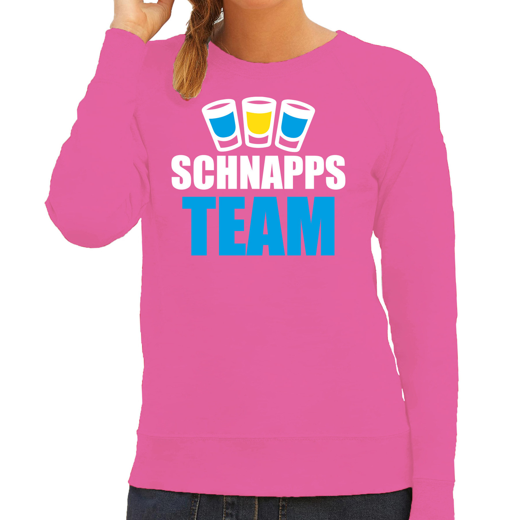Apres ski sweater-trui voor dames schnapps team roze wintersport skien
