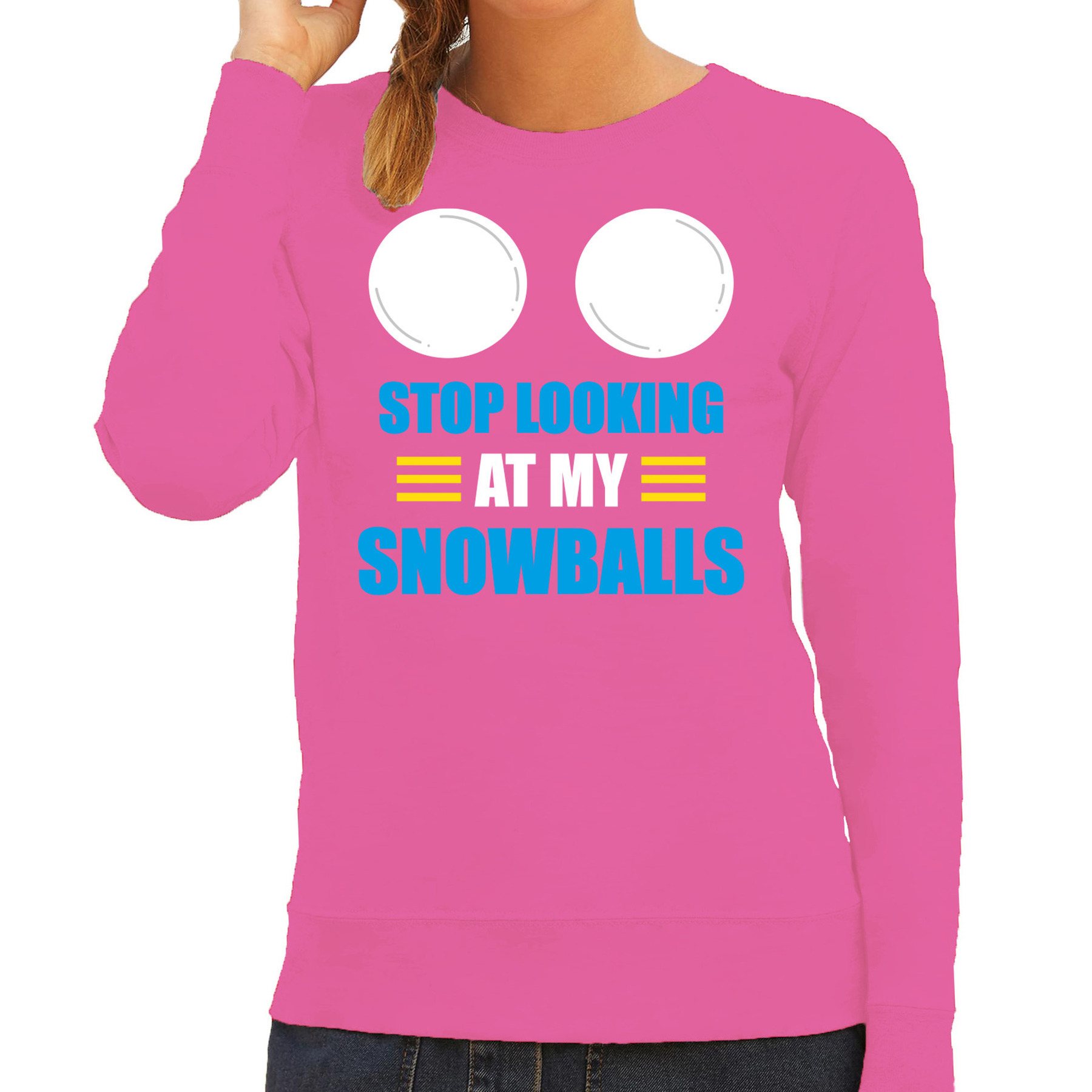 Apres ski sweater-trui voor dames stop looking at my snowballs roze wintersport skien
