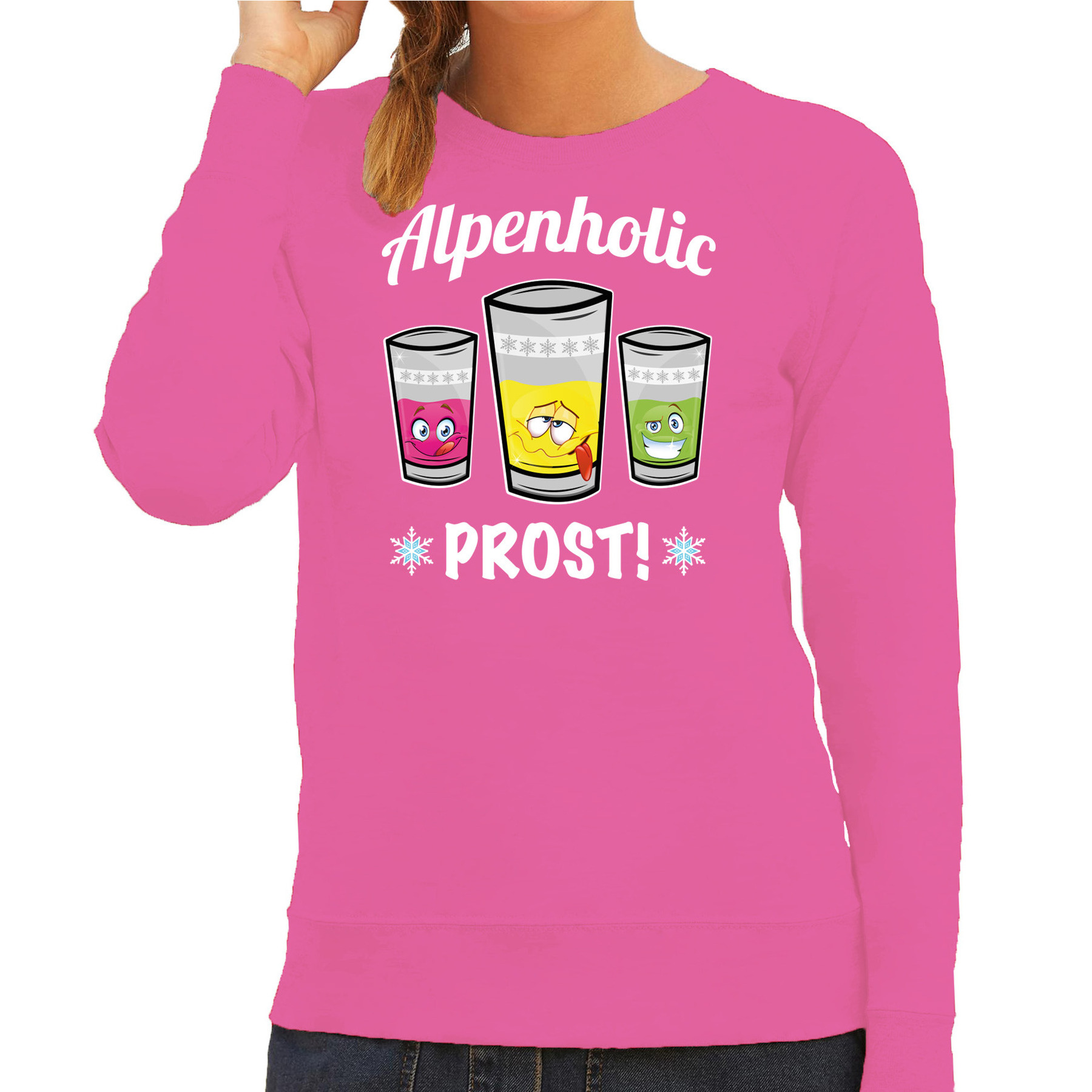 Apres ski sweater voor dames Alpenholic roze wintersport prost-proost skien-snowboarden