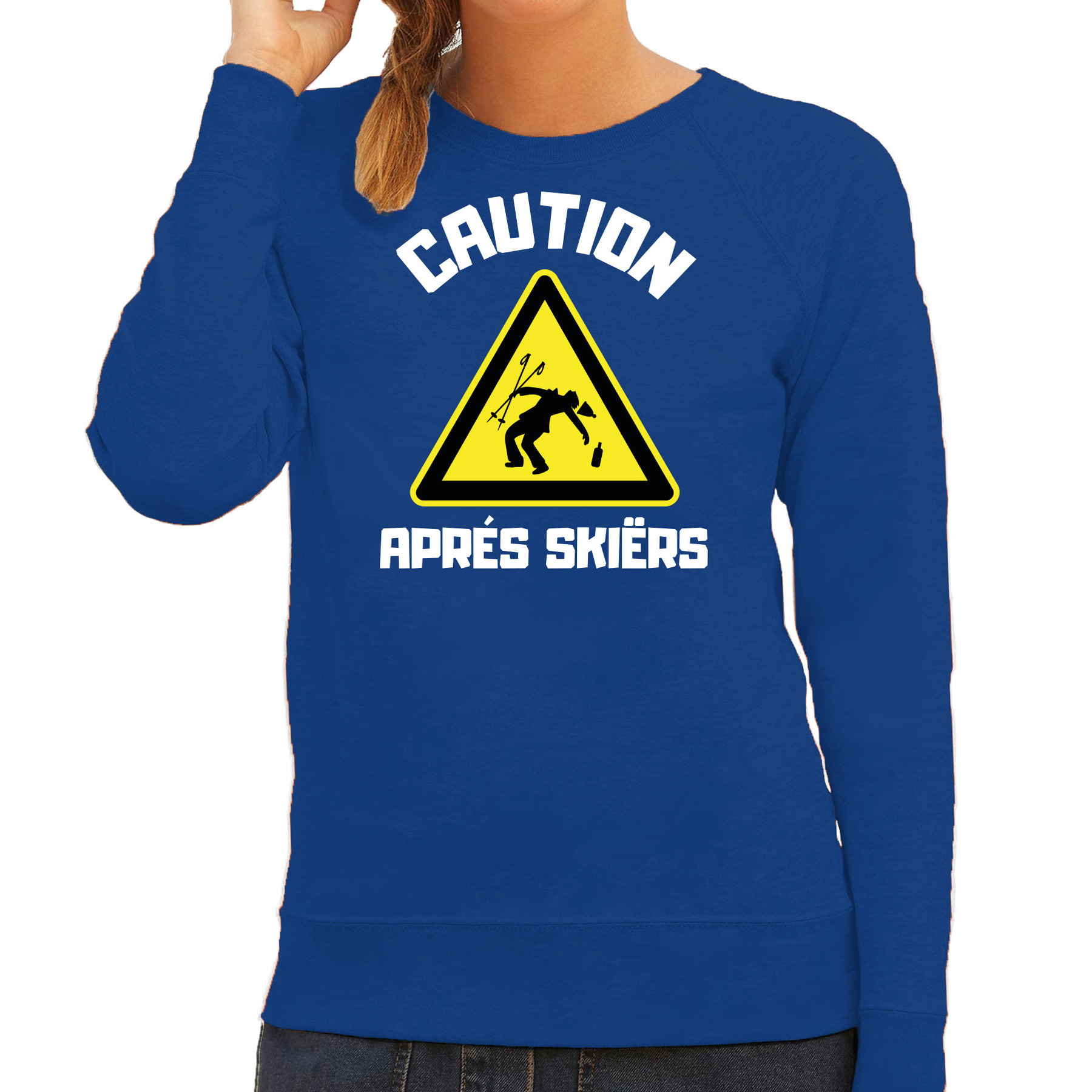 Apres ski sweater voor dames apres ski waarschuwing blauw winter trui