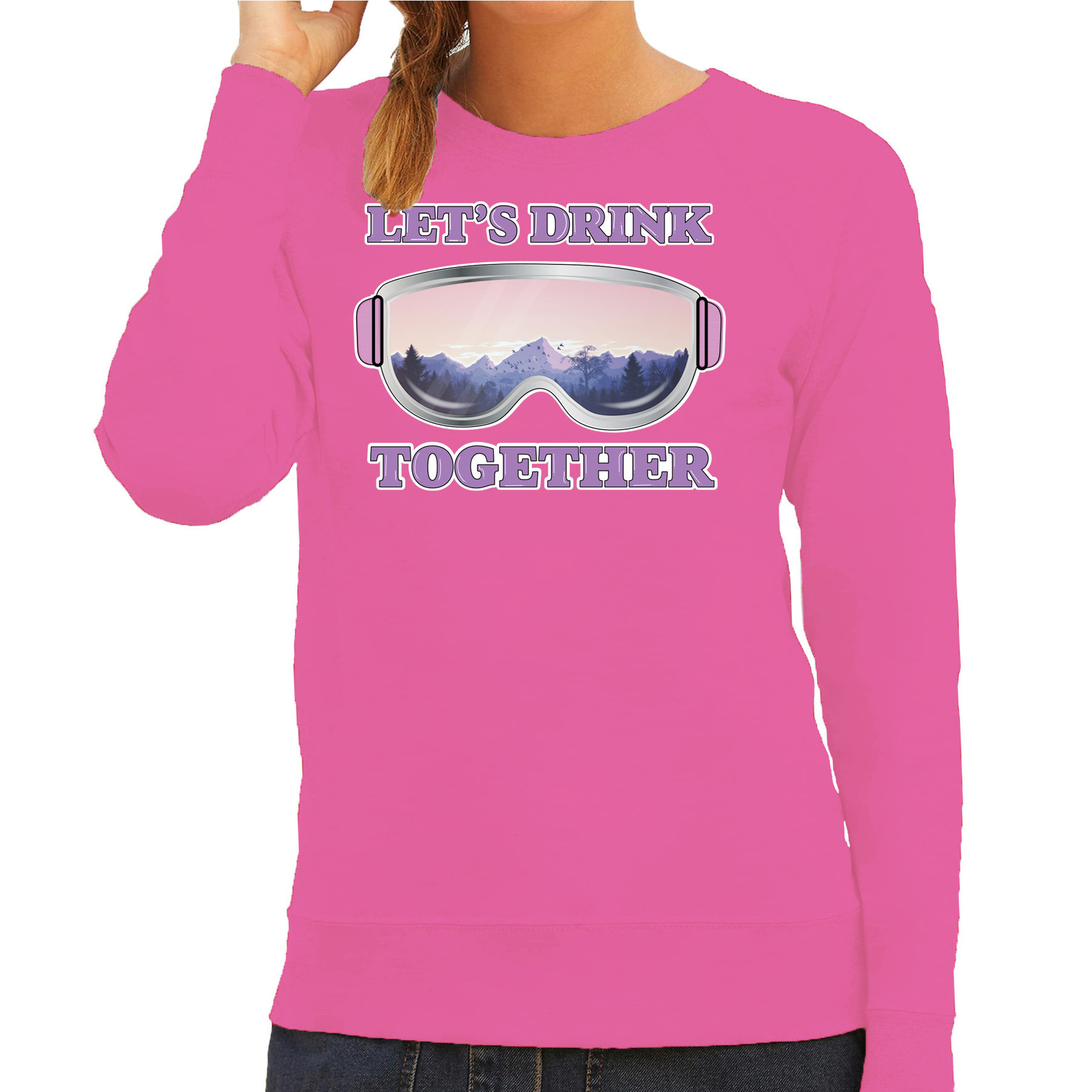 Apres ski sweater voor dames Lets drink together roze wintersport skien-snowboarden