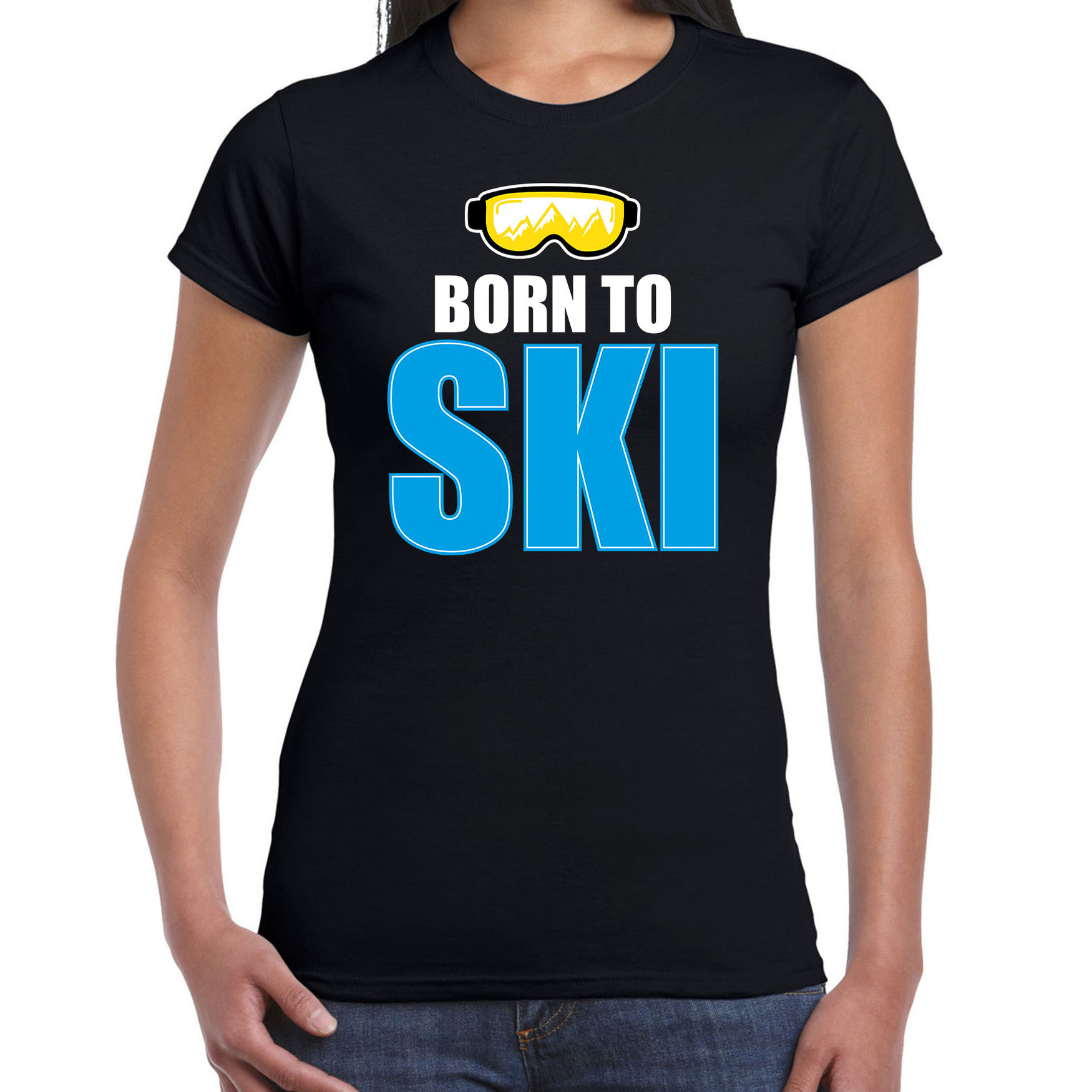 Apres-ski t-shirt wintersport Born to ski zwart voor dames
