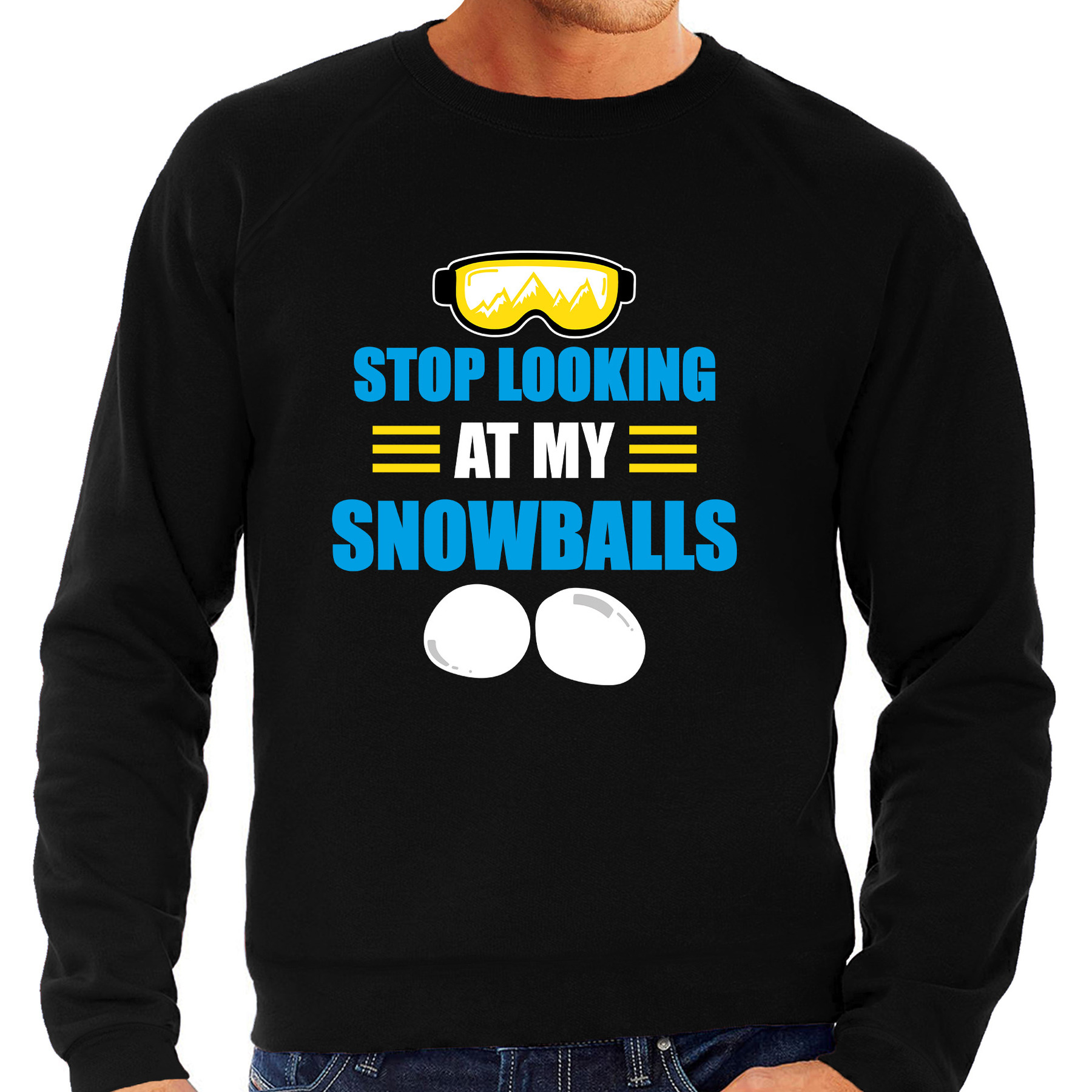 Apres ski trui Stop looking at my snowballs zwart heren Wintersport sweater Foute apres ski out