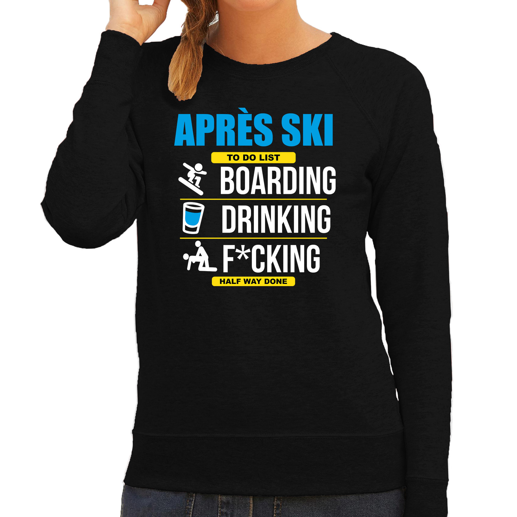 Apres ski trui to do list snowboarden zwart dames Wintersport sweater Foute apres ski outfit