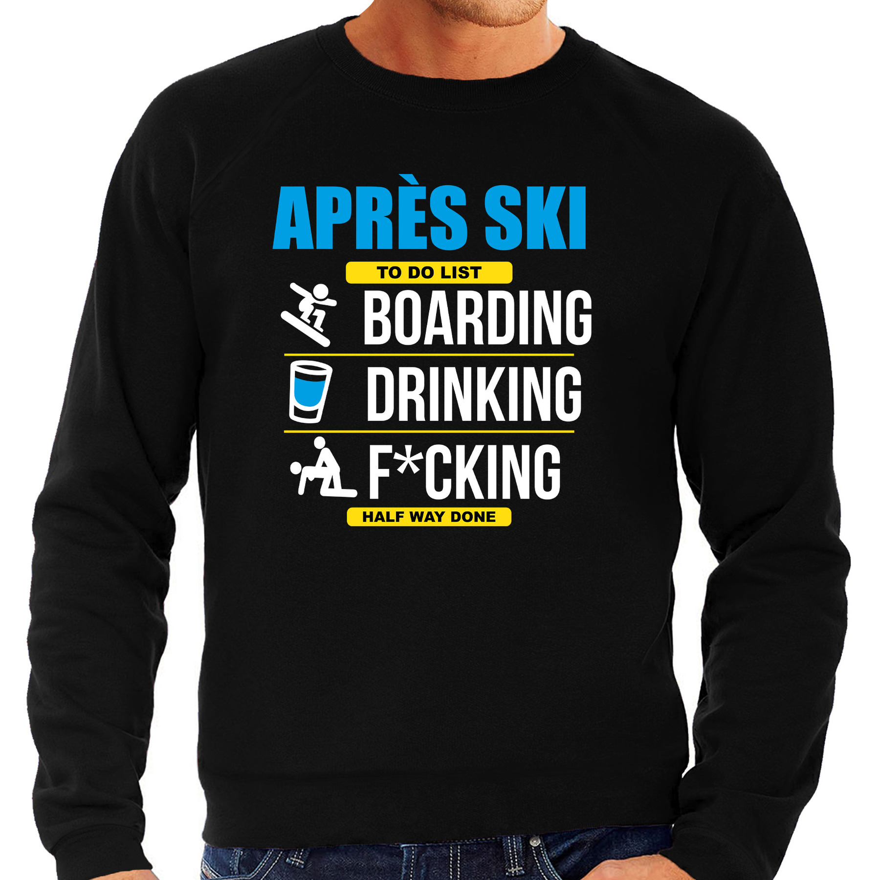 Apres ski trui to do list snowboarden zwart heren Wintersport sweater Foute apres ski outfit