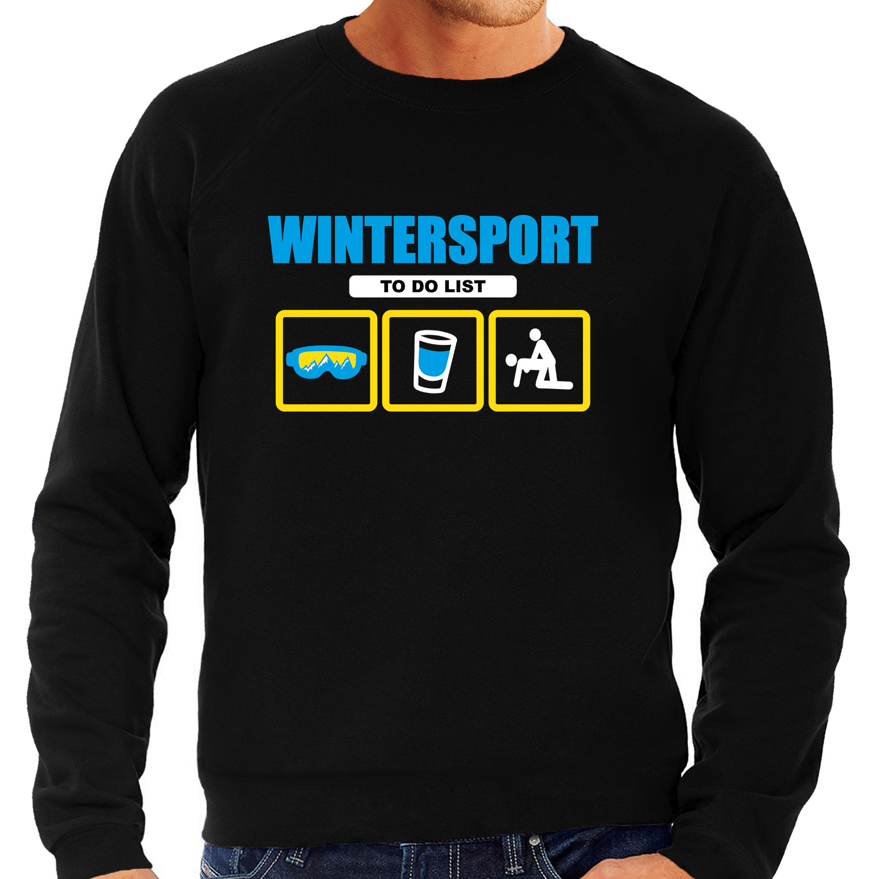 Apres ski trui winterport to do list zwart heren Wintersport sweater Foute apres ski outfit