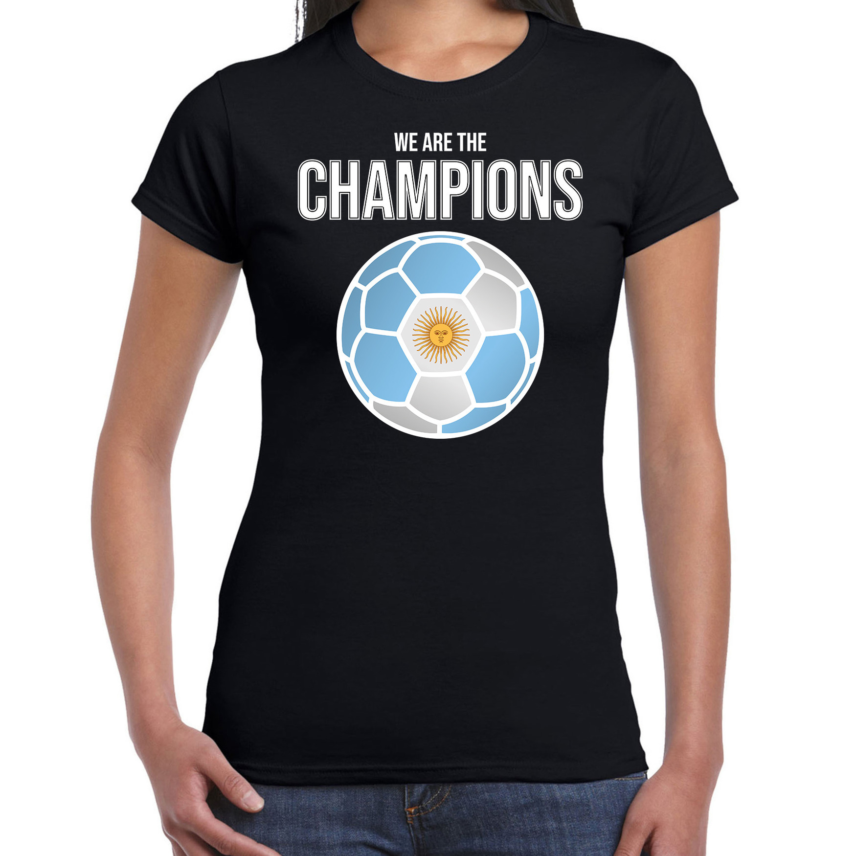 Argentinie WK supporter t-shirt we are the champions met Argentijnse voetbal zwart dames