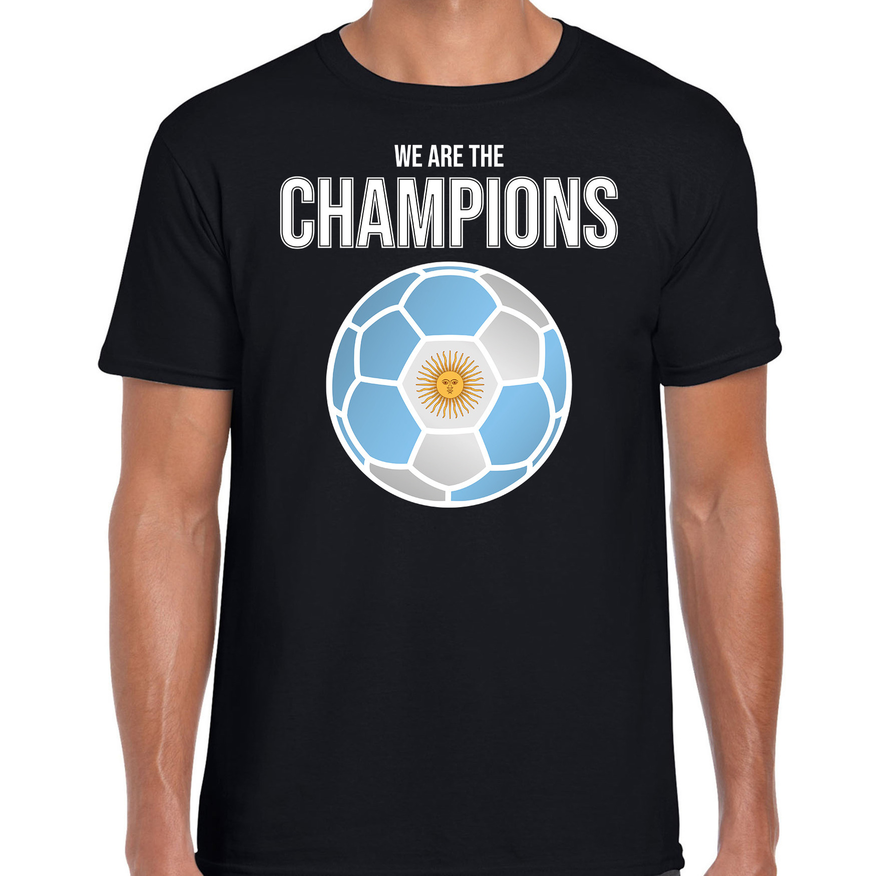 Argentinie WK supporter t-shirt we are the champions met Argentijnse voetbal zwart heren