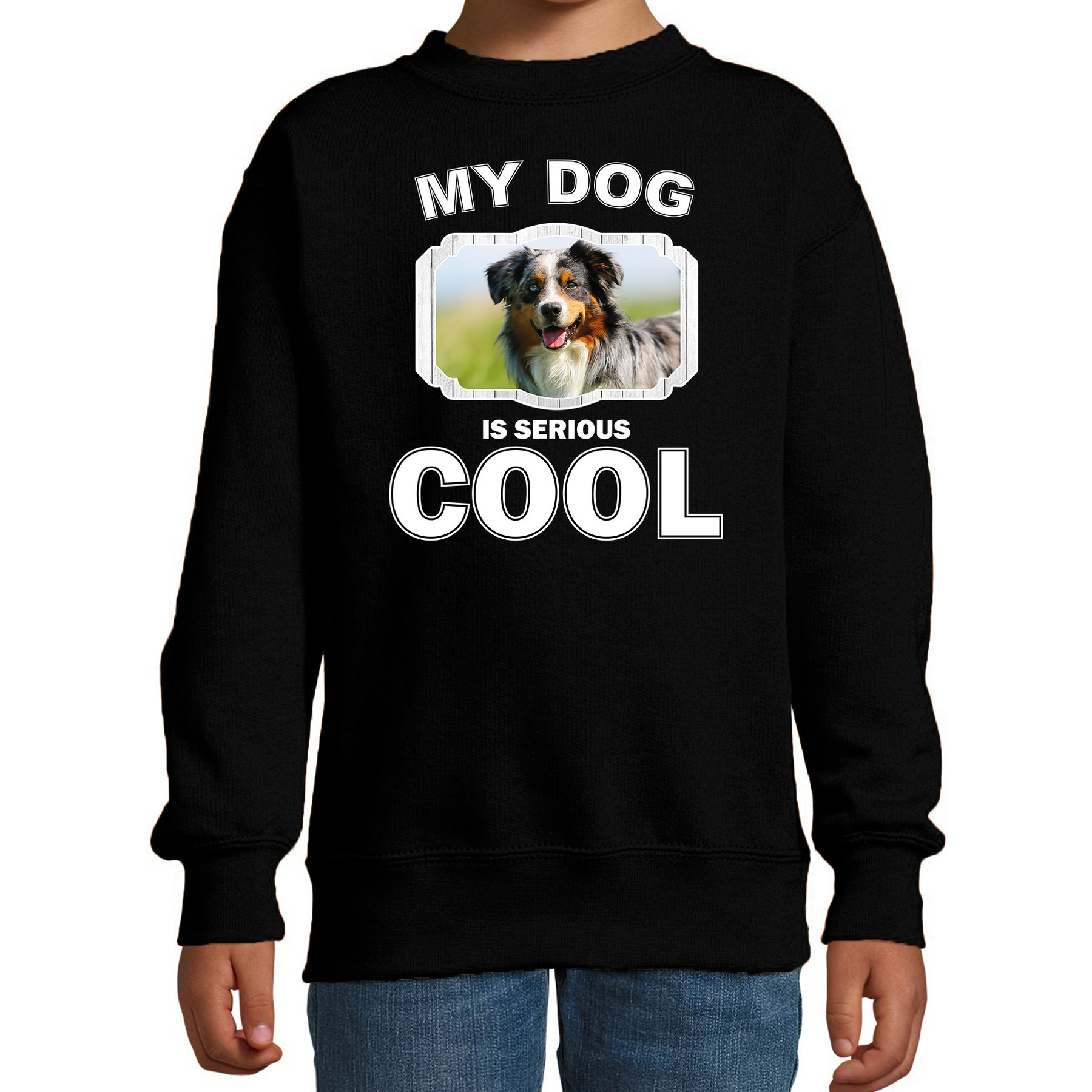 Australische herder honden trui-sweater my dog is serious cool zwart voor kinderen
