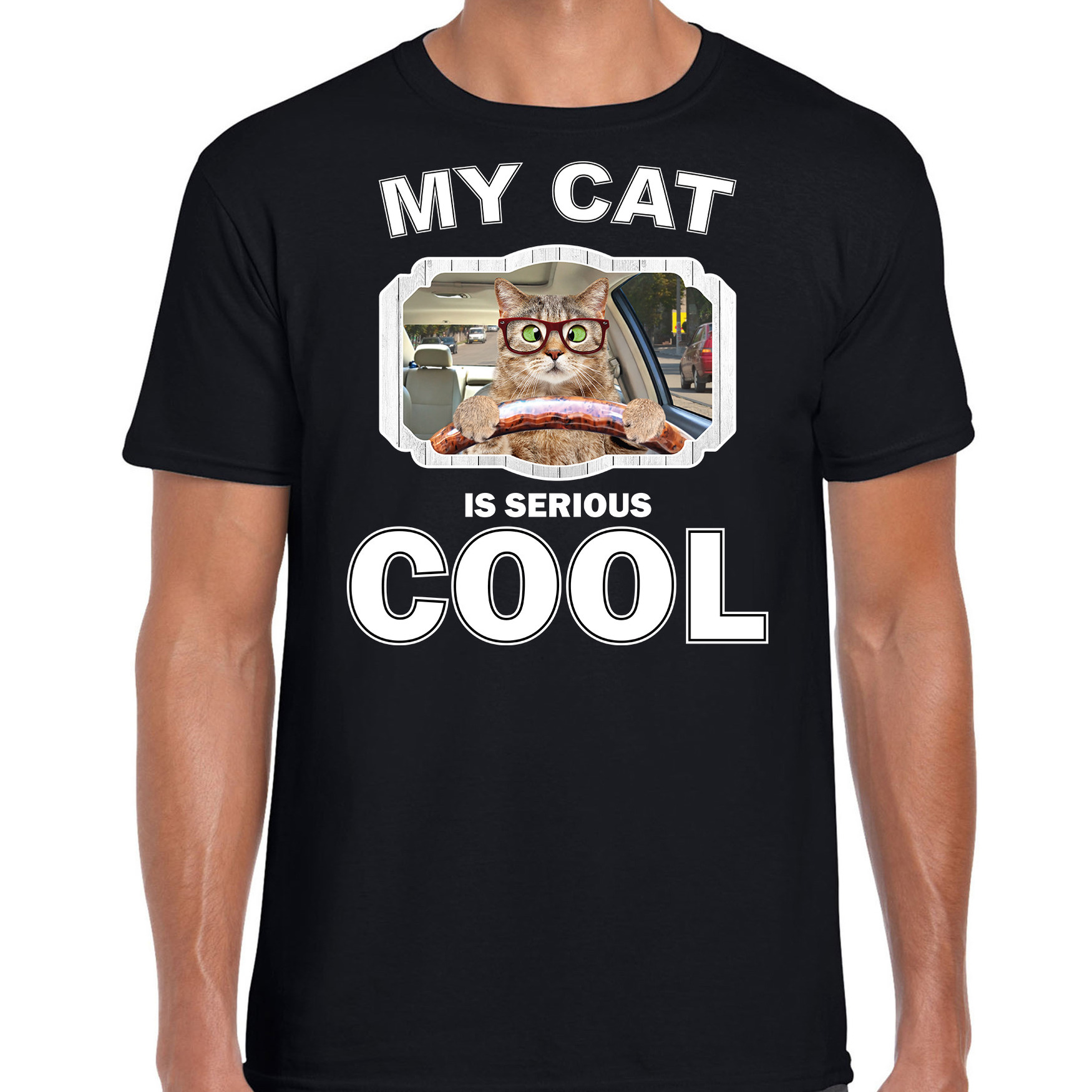 Auto rijdende kat katten-poezen t-shirt my cat is serious cool zwart voor heren