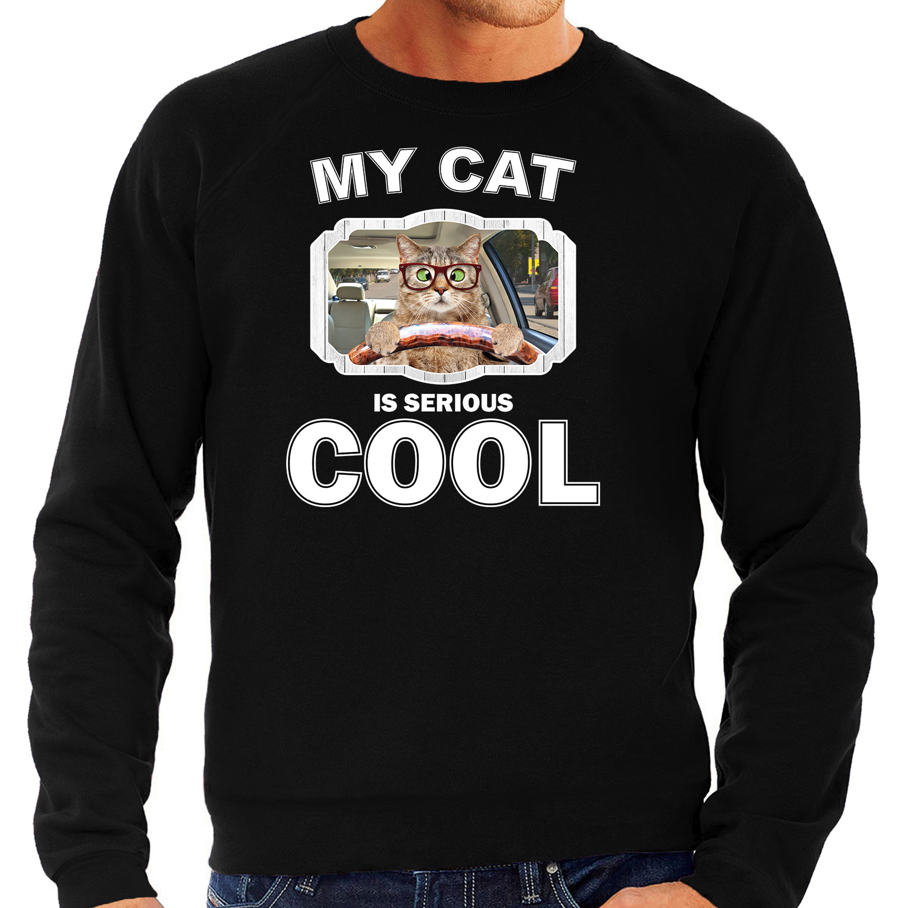 Auto rijdende kat katten sweater-trui my cat is serious cool zwart voor heren
